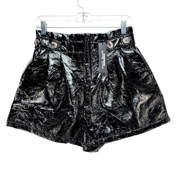 Shiny Black Faux Leather High-Waisted Shorts With Button Details Size L - Picture 4 of 8